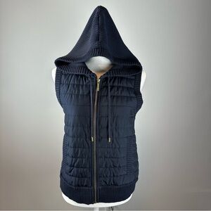 Michael Kors Navy Knit Puffer Vest M Hooded Quilted Mixed Media Zip